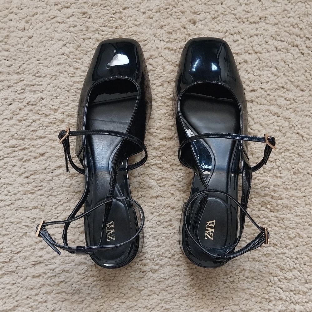 Zara black patent ankle strap mary jane heels | Size 8